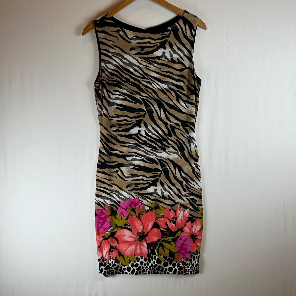 Cache Vintage Womens Tiger Floral Print Midi Dress Brown Pink Sleeveless Size M